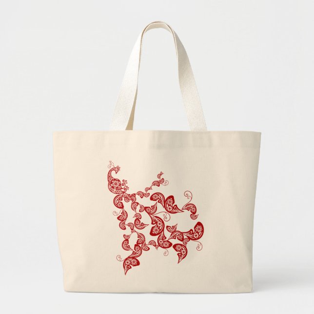 Red Floral Boho Peacock Elegant Eastern Chic Asian Large Tote Bag (Front)