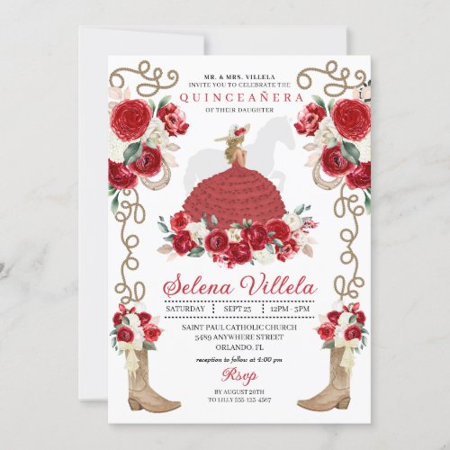 Red Floral Boots Roses Western Quinceaera Invitation