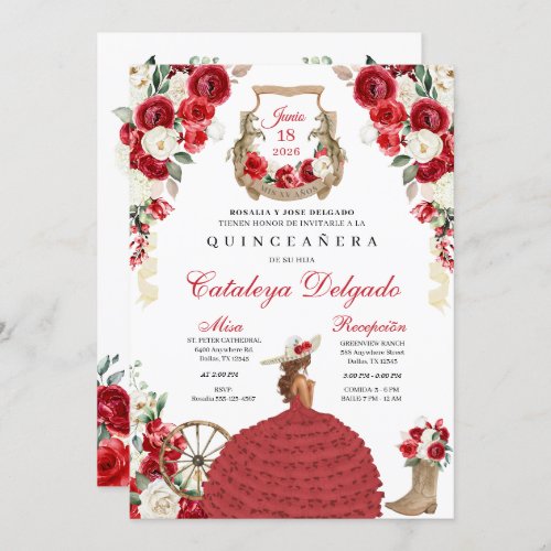 Red Floral Boots Western Mariachi Quinceaera Invitation