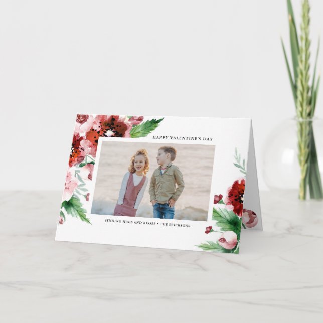 Red Floral Borders Valentines Day Multi Photo Holiday Card (Front)