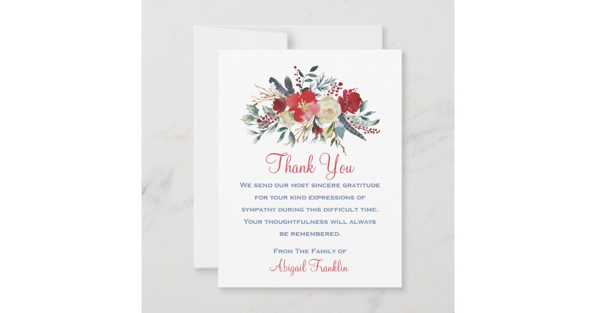 Red Floral Bouquet Sympathy Thank You Card | Zazzle
