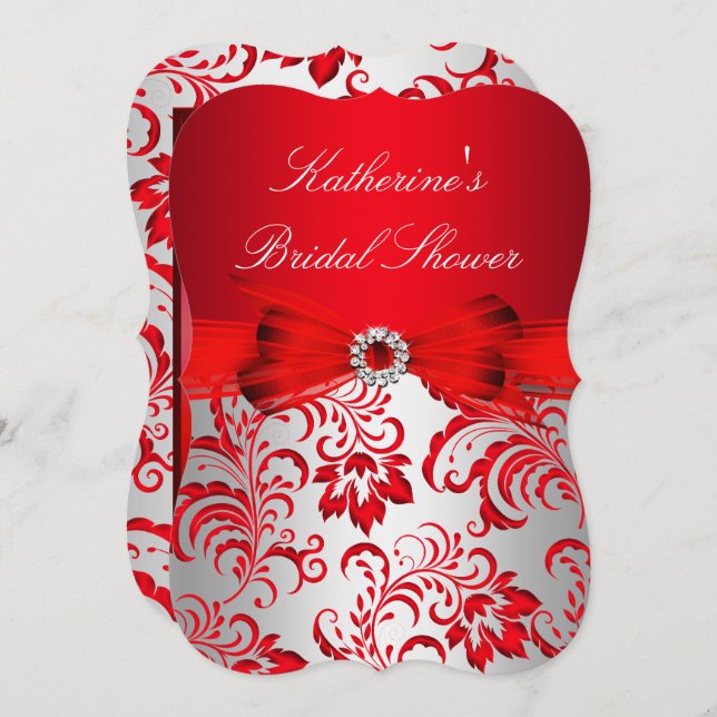 Red Floral & Bow Bridal Shower Silver Invitation (Front/Back)