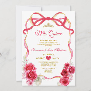 Red Floral Bow Ribbon Gold Crown Girl Mis Quince Invitation