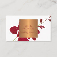 Red floral branch glam copper chic wedding planner business card