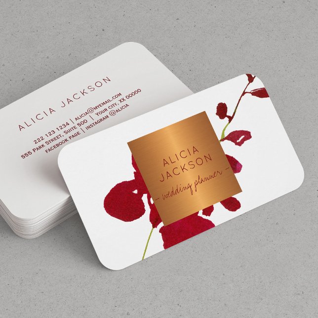 Red floral branch glam copper chic wedding planner business card (With ROUNDED CORNERS option)