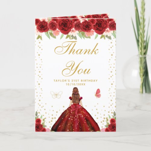 Red Floral Brown Hair Girl Birthday Party Thank You Card