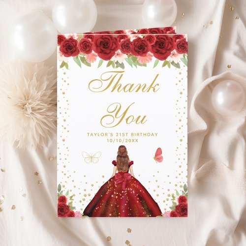 Red Floral Brown Hair Girl Birthday Party Thank You Card