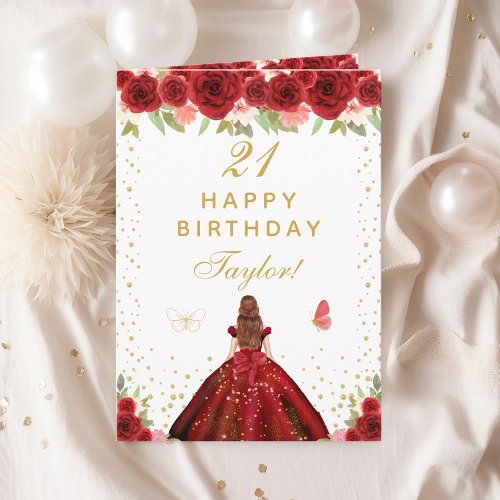 Red Floral Brown Hair Girl Happy Birthday Card