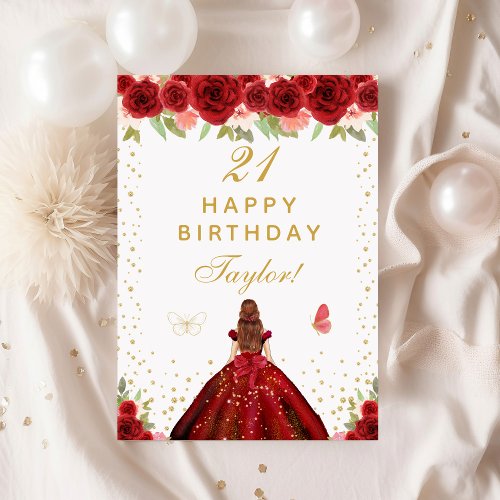 Red Floral Brown Hair Girl Happy Birthday Card
