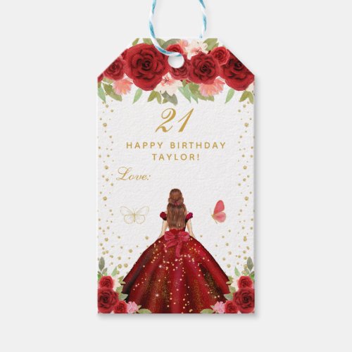 Red Floral Brown Hair Girl Happy Birthday Gift Tags