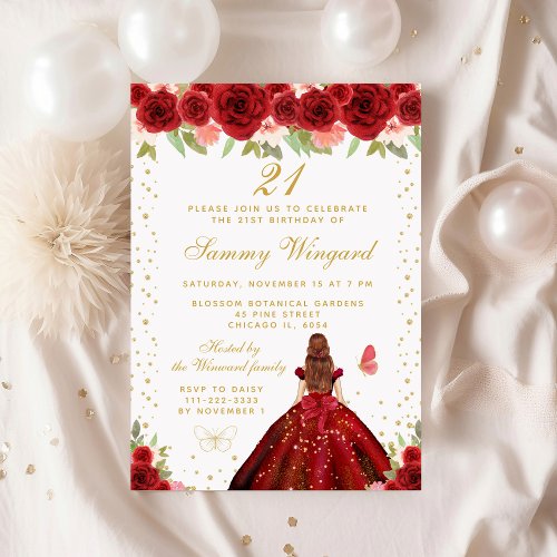 Red Floral Brown Hair Princess Birthday Party Invitation