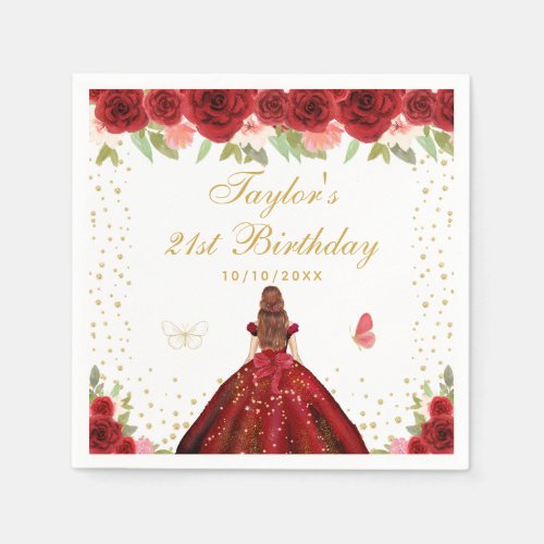 Red Floral Brown Hair Princess Birthday Party Napkins