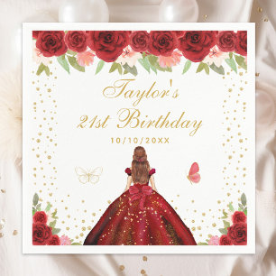 Red Floral Brown Hair Princess Birthday Party Napkins