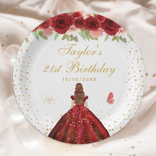 Red Floral Brown Hair Princess Birthday Party Paper Plates (Creator Uploaded)
