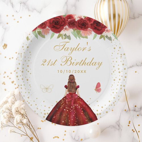 Red Floral Brown Hair Princess Birthday Party Paper Plates