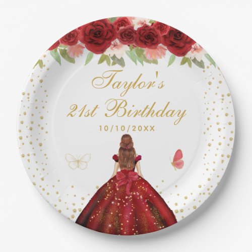 Red Floral Brown Hair Princess Birthday Party Paper Plates