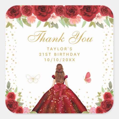 Red Floral Brown Hair Princess Birthday Party Square Sticker