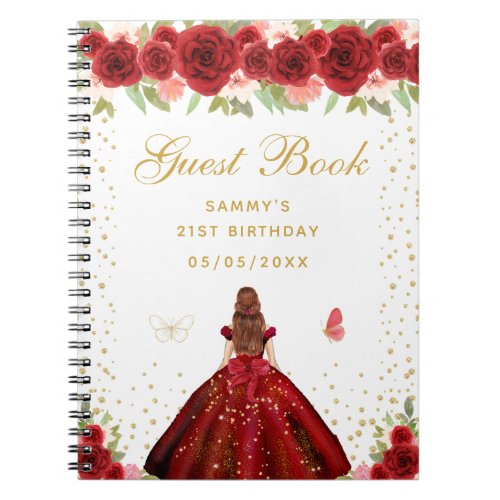 Red Floral Brown Hair Princess Guest Book