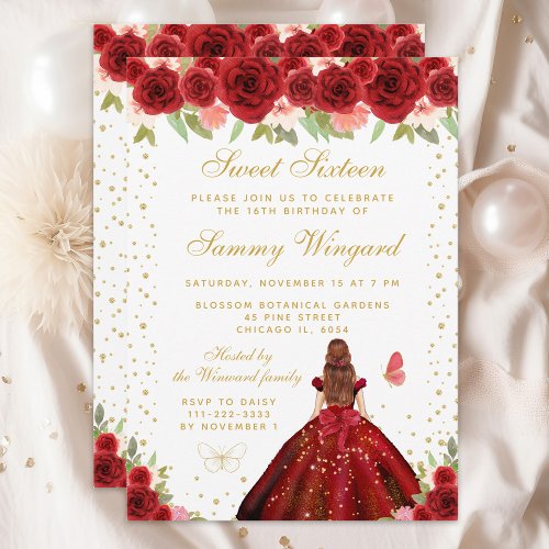 Red Floral Brown Hair Princess Sweet Sixteen Invitation