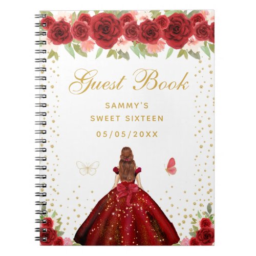 Red Floral Brown Hair Princess Sweet Sixteen Notebook