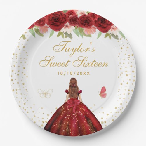 Red Floral Brown Hair Princess Sweet Sixteen Paper Plates