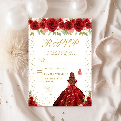 Red Floral Brown Hair Princess Sweet Sixteen RSVP Card