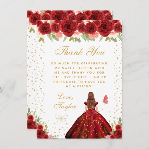 Red Floral Brown Hair Princess Sweet Sixteen Thank You Card