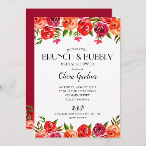 Red Floral Brunch Bubbly Bridal Shower Invitation