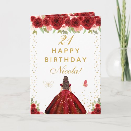 Red Floral Brunette Hair Girl Birthday