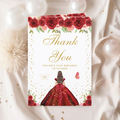 Red Floral Brunette Hair Girl Birthday Party Thank You Card