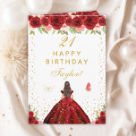 Red Floral Brunette Hair Girl Happy Birthday Card<br><div class="desc">This elegant and glamorous birthday card can be personalized with a name or title such as daughter, granddaughter, niece, friend etc. The design features a beautiful princess with brunette hair and fair skin in a red ball gown. The text combines handwritten script and modern sans serif fonts for a classy...</div>