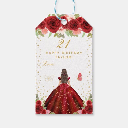 Red Floral Brunette Hair Girl Happy Birthday Gift Tags