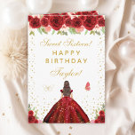 Red Floral Brunette Hair Girl Sweet Sixteen Card<br><div class="desc">This elegant and glamorous sweet sixteen birthday card can be personalized with a name or title such as daughter, granddaughter, niece, friend etc. The design features a beautiful princess with brunette hair and fair skin in a red ball gown. The text combines handwritten script and modern sans serif fonts for...</div>