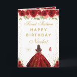 Red Floral Brunette Hair Girl Sweet Sixteen Card<br><div class="desc">This elegant and glamorous sweet sixteen birthday card can be personalized with a name or title such as daughter, granddaughter, niece, friend etc. The design features a beautiful princess with brunette hair and fair skin in a red ball gown. The text combines handwritten script and modern sans serif fonts for...</div>