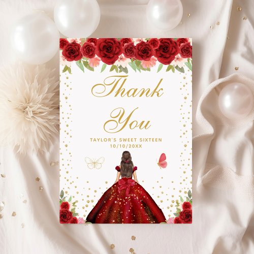 Red Floral Brunette Hair Girl Sweet Sixteen Thank You Card