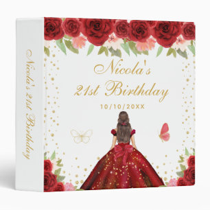 Red Floral Brunette Hair Princess Birthday Party 3 Ring Binder