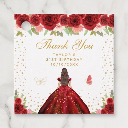 Red Floral Brunette Hair Princess Birthday Party Favor Tags