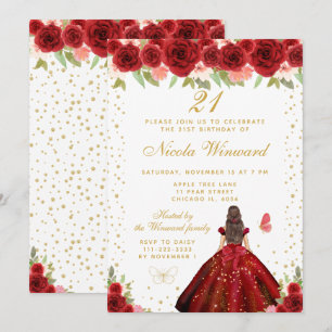 Red Floral Brunette Hair Princess Birthday Party Invitation