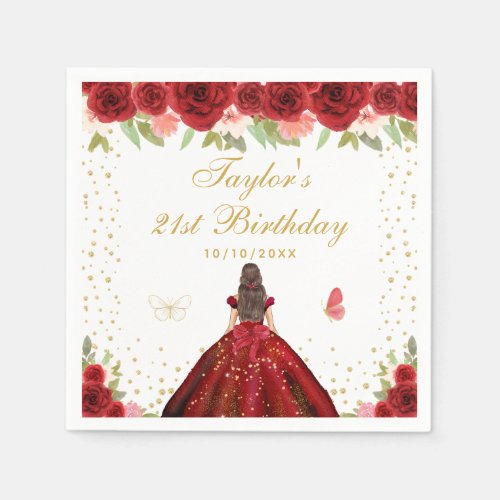Red Floral Brunette Hair Princess Birthday Party Napkins