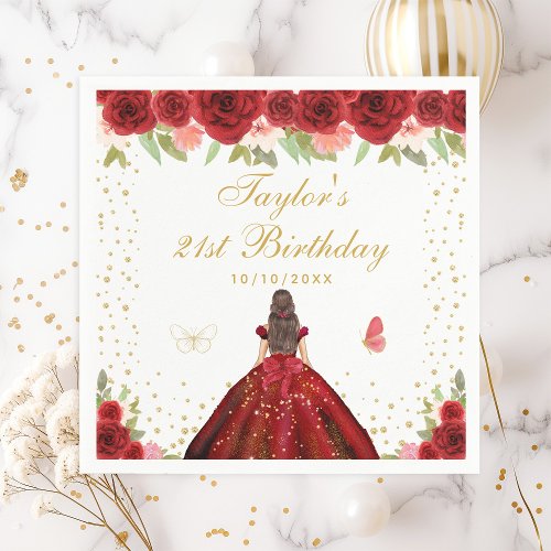 Red Floral Brunette Hair Princess Birthday Party Napkins