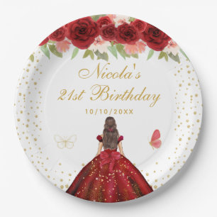 Red Floral Brunette Hair Princess Birthday Party Paper Plates