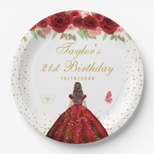 Red Floral Brunette Hair Princess Birthday Party Paper Plates