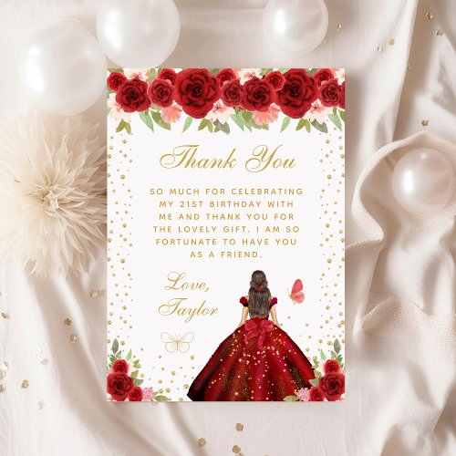 Red Floral Brunette Hair Princess Birthday Party Thank You Card
