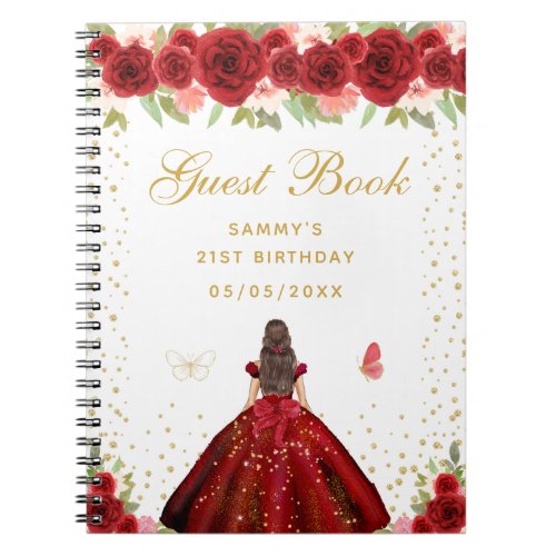 Red Floral Brunette Hair Princess Guest Book
