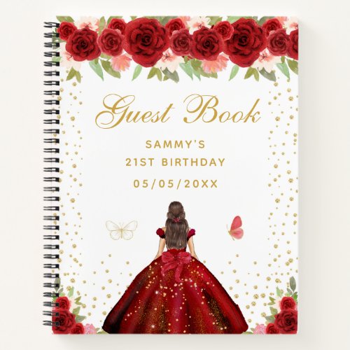 Red Floral Brunette Hair Princess Guest Book
