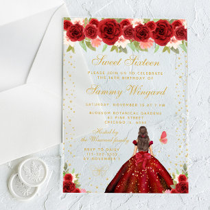 Red Floral Brunette Hair Princess Sweet Sixteen Acrylic Invitations