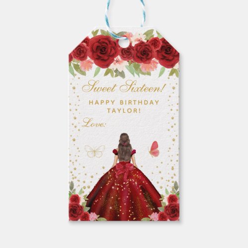 Red Floral Brunette Hair Princess Sweet Sixteen Gift Tags