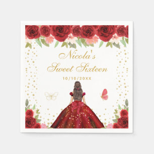 Red Floral Brunette Hair Princess Sweet Sixteen Napkins