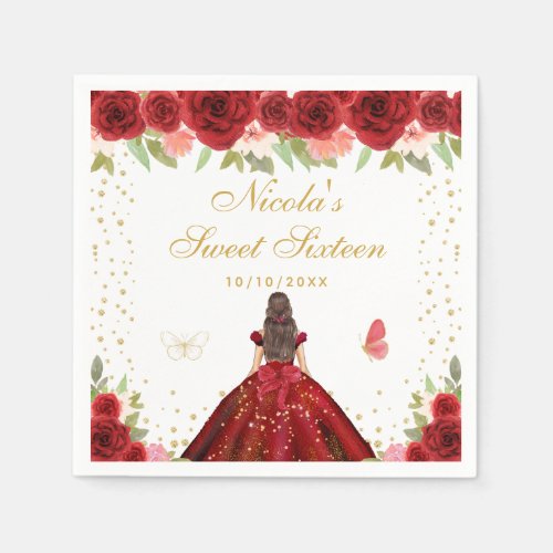 Red Floral Brunette Hair Princess Sweet Sixteen Napkins