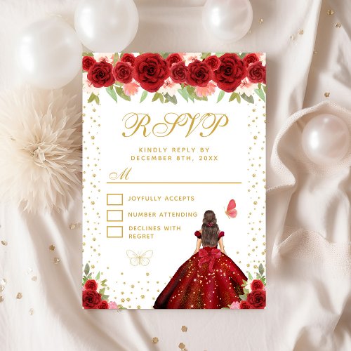 Red Floral Brunette Hair Princess Sweet Sixteen RSVP Card